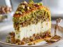 Baklava pistachio cheesecake with layers of creamy cheesecake, crunchy pistachios, and honey-soaked phyllo topping served on a dessert plate.