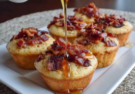Maple bacon pancake muffins topped with crispy bacon pieces and drizzled with syrup