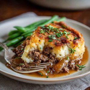 Amish hamburger steak bake casserole with melted cheese and golden potatoes