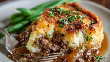 Amish hamburger steak bake casserole with melted cheese and golden potatoes