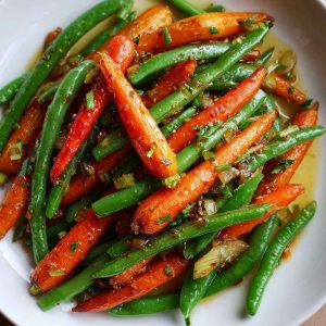 "A colorful dish of honey glazed carrots and green beans garnished with sesame seeds and fresh herbs."