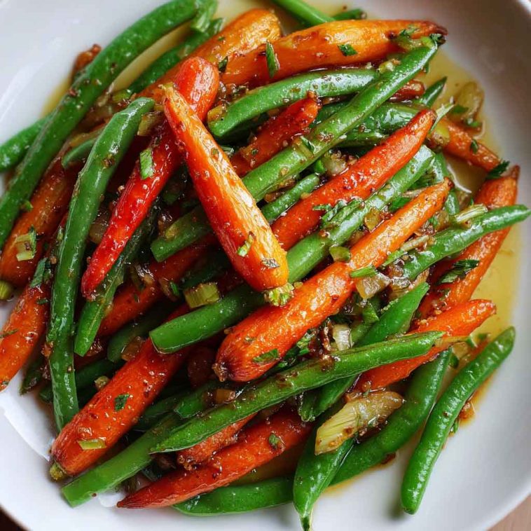 "A colorful dish of honey glazed carrots and green beans garnished with sesame seeds and fresh herbs."