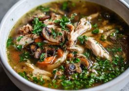 "A comforting bowl of rotisserie chicken and mushroom soup garnished with fresh herbs and served warm."