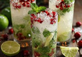 "Festive White Christmas mojitos served in holiday glasses, garnished with mint leaves, cranberries, and coconut flakes."