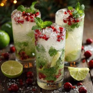 "Festive White Christmas mojitos served in holiday glasses, garnished with mint leaves, cranberries, and coconut flakes."