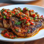 "Authentic Sicilian pork chops cooked with tomatoes, onions, and herbs, served with rustic bread and fresh basil."