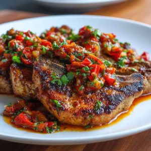 "Authentic Sicilian pork chops cooked with tomatoes, onions, and herbs, served with rustic bread and fresh basil."