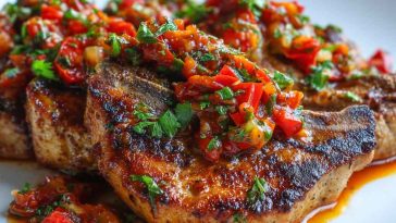 "Authentic Sicilian pork chops cooked with tomatoes, onions, and herbs, served with rustic bread and fresh basil."