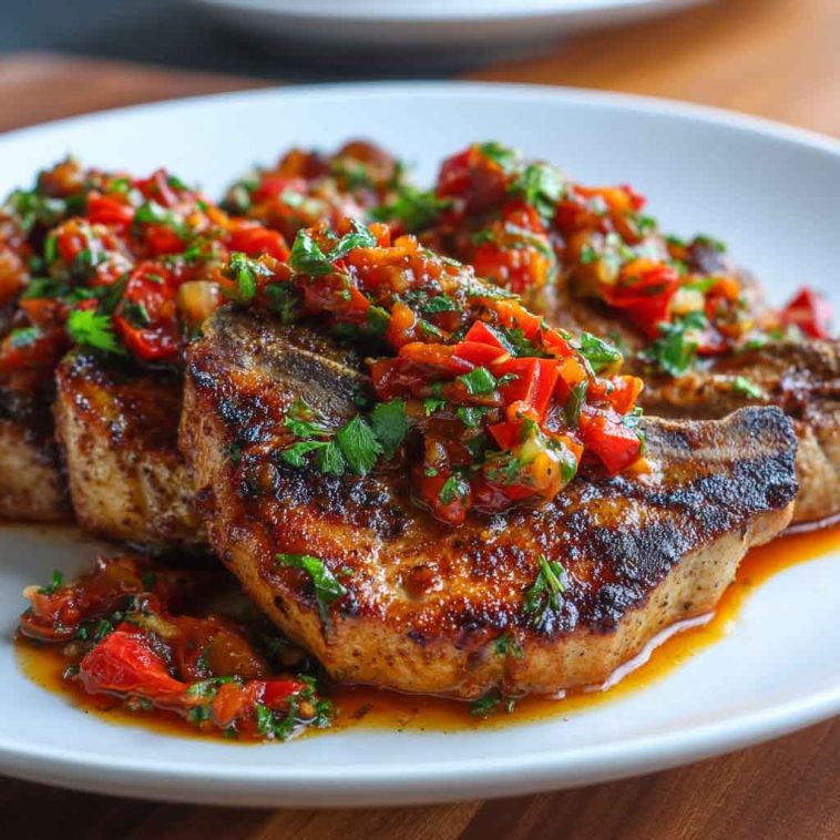 "Authentic Sicilian pork chops cooked with tomatoes, onions, and herbs, served with rustic bread and fresh basil."