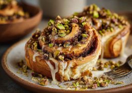 Freshly baked pistachio cinnamon buns swirled with cinnamon sugar, topped with crushed pistachios and creamy glaze.