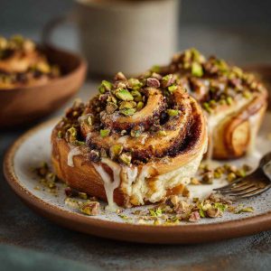 Freshly baked pistachio cinnamon buns swirled with cinnamon sugar, topped with crushed pistachios and creamy glaze.