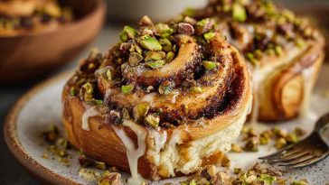 Freshly baked pistachio cinnamon buns swirled with cinnamon sugar, topped with crushed pistachios and creamy glaze.