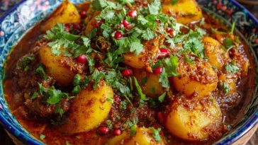 Traditional Persian dopiazeh aloo potato curry simmered with onions, turmeric, and spices served in a rustic bowl.