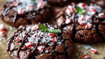 Chocolate peppermint brownie cookies with fudgy centers, crushed peppermint candy topping, and a festive holiday presentation.