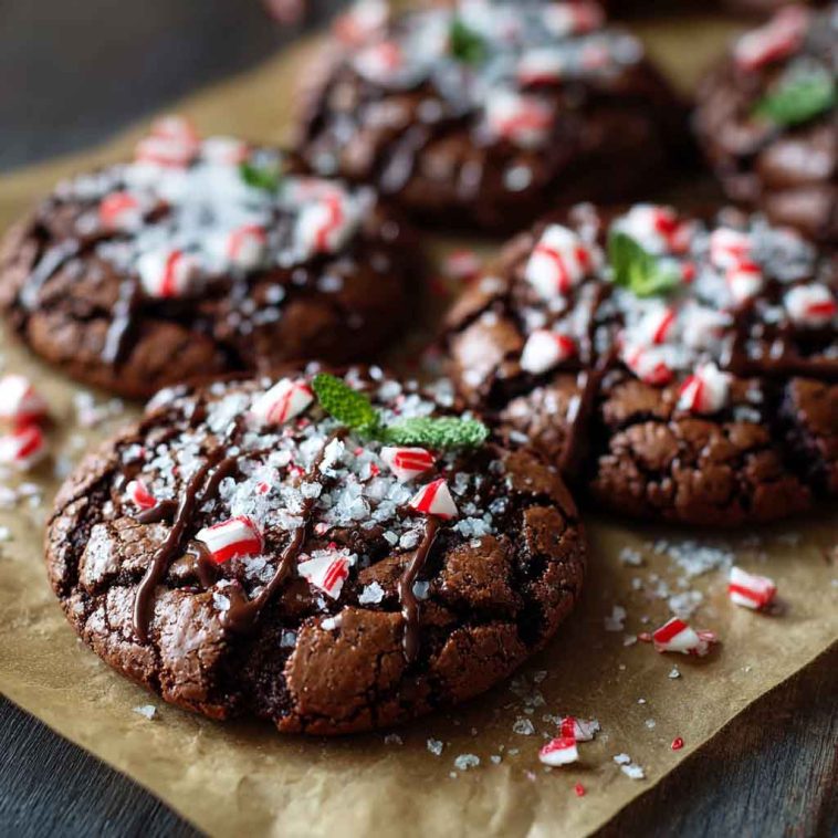 Chocolate peppermint brownie cookies with fudgy centers, crushed peppermint candy topping, and a festive holiday presentation.