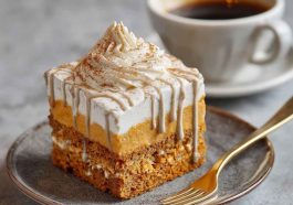 Pumpkin spice latte cake with layers of spiced pumpkin cake, creamy frosting, and a drizzle of espresso glaze.