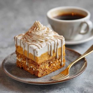 Pumpkin spice latte cake with layers of spiced pumpkin cake, creamy frosting, and a drizzle of espresso glaze.
