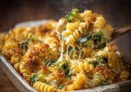 Cheesy broccoli pasta bake, steaming hot