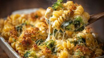 Cheesy broccoli pasta bake, steaming hot