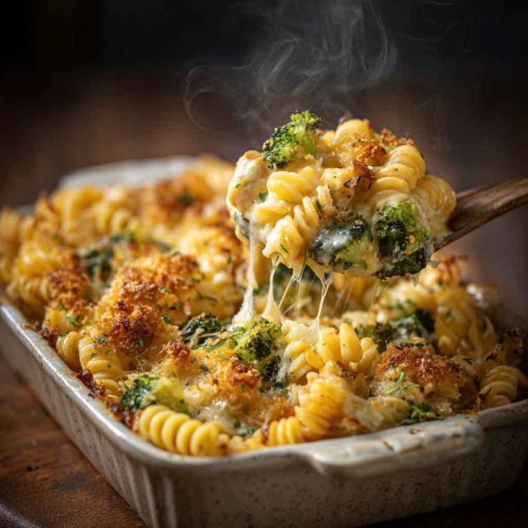 Cheesy broccoli pasta bake, steaming hot