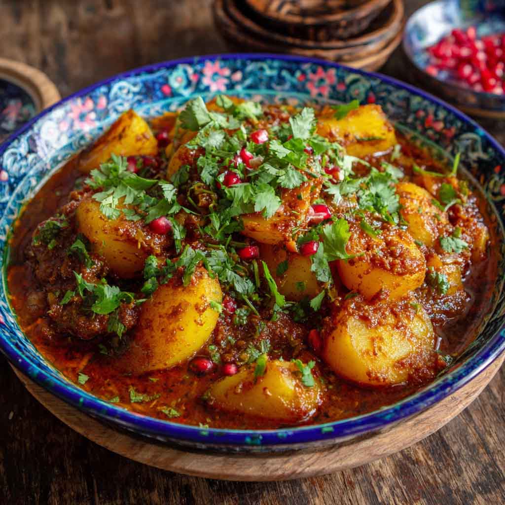 Traditional Persian dopiazeh aloo potato curry simmered with onions, turmeric, and spices served in a rustic bowl.