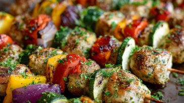 Juicy sheet pan chicken kebabs with colorful bell peppers, onions, and zucchini roasted to perfection.