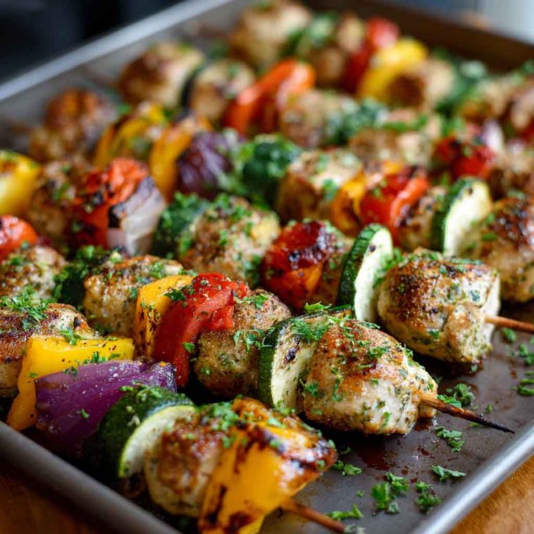 Juicy sheet pan chicken kebabs with colorful bell peppers, onions, and zucchini roasted to perfection.