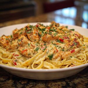 Creamy Cajun Alfredo sauce with a spicy kick, served over pasta and garnished with fresh parsley.