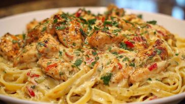 Creamy Cajun Alfredo sauce with a spicy kick, served over pasta and garnished with fresh parsley.