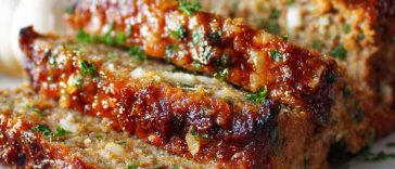 Mouthwatering garlic parmesan meatloaf baked golden brown, topped with melted cheese and fresh herbs, sliced and served on a rustic platter.