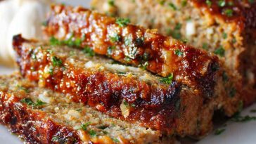 Mouthwatering garlic parmesan meatloaf baked golden brown, topped with melted cheese and fresh herbs, sliced and served on a rustic platter.
