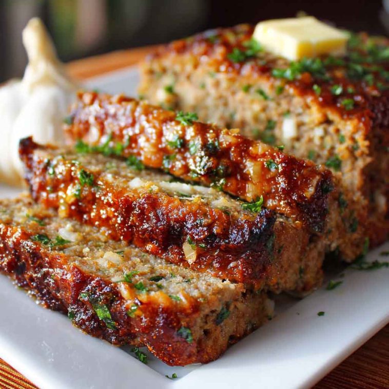 Mouthwatering garlic parmesan meatloaf baked golden brown, topped with melted cheese and fresh herbs, sliced and served on a rustic platter.