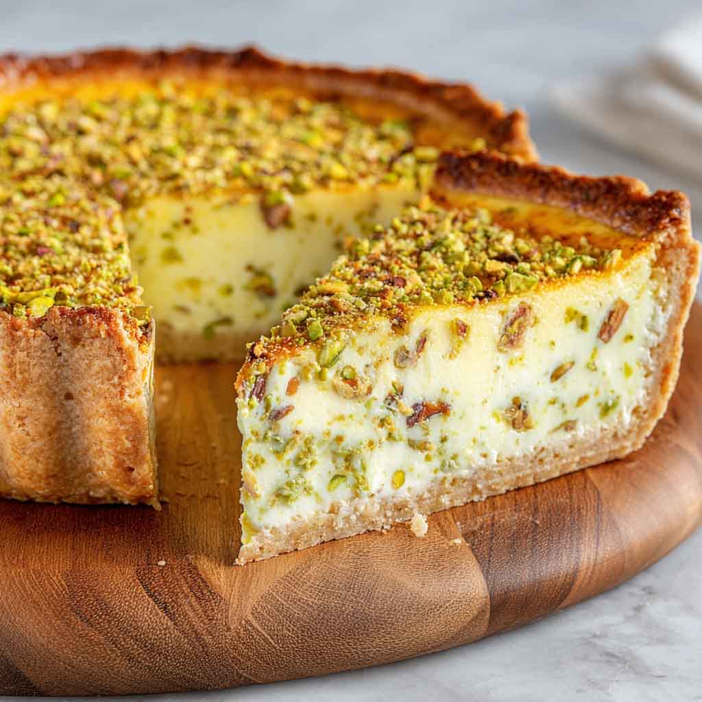 Slice of baked pistachio custard pie topped with whipped cream and crushed pistachios