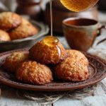 "A tray of traditional Greek honey cookies (melomakarona) drizzled with honey syrup and sprinkled with crushed walnuts."