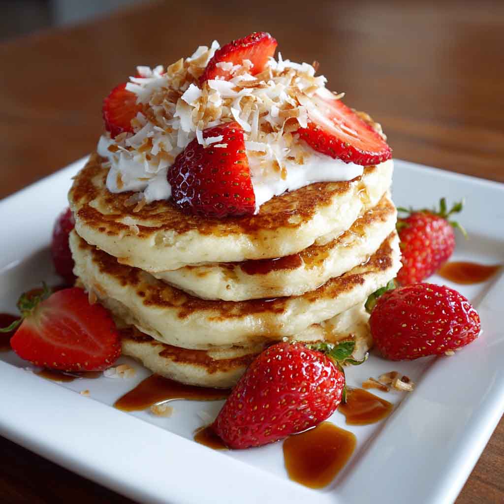 "A stack of fluffy coconut cream pancakes topped with whipped cream, toasted coconut flakes, and fresh fruit."
