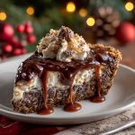No-bake German chocolate pie with a creamy chocolate filling, coconut-pecan topping, and festive holiday garnish served on a Christmas table.