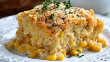 Slow cooker cream cheese corn casserole with golden, creamy corn filling served in a rustic dish, garnished with fresh herbs.
