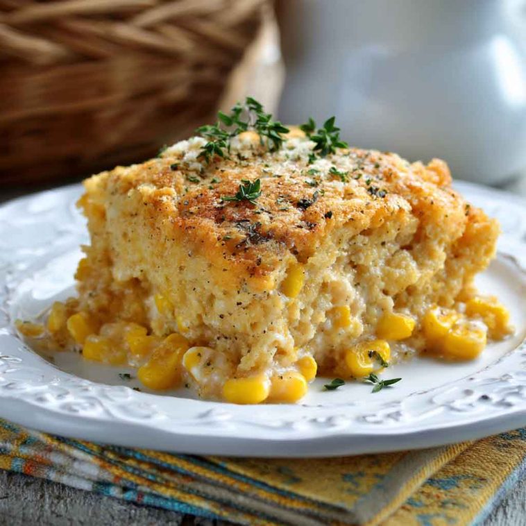 Slow cooker cream cheese corn casserole with golden, creamy corn filling served in a rustic dish, garnished with fresh herbs.