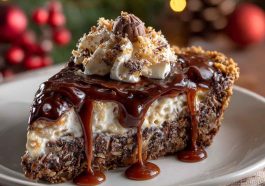 No-bake German chocolate pie with a creamy chocolate filling, coconut-pecan topping, and festive holiday garnish served on a Christmas table.