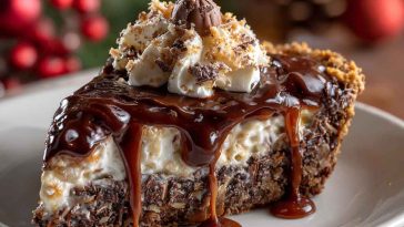 No-bake German chocolate pie with a creamy chocolate filling, coconut-pecan topping, and festive holiday garnish served on a Christmas table.