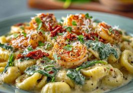 Creamy sun-dried tomato shrimp pasta with tender shrimp, fresh spinach, and bucatini tossed in a rich tomato cream sauce.