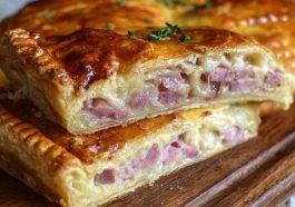 Homemade flat ham pie baked golden brown with savory ham, cheese, and flaky pastry crust served warm.