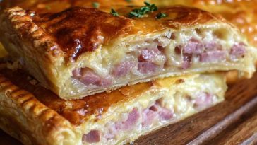 Homemade flat ham pie baked golden brown with savory ham, cheese, and flaky pastry crust served warm.