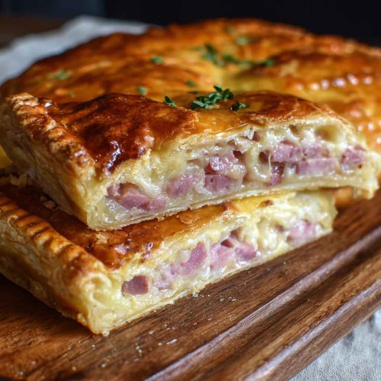 Homemade flat ham pie baked golden brown with savory ham, cheese, and flaky pastry crust served warm.