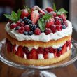 Heavenly berry trifle cake layered with fluffy sponge, creamy custard, fresh berries, and whipped cream in a glass dish.