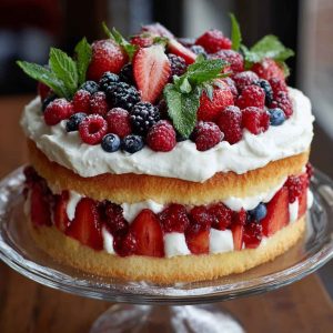 Heavenly berry trifle cake layered with fluffy sponge, creamy custard, fresh berries, and whipped cream in a glass dish.