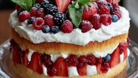 Heavenly berry trifle cake layered with fluffy sponge, creamy custard, fresh berries, and whipped cream in a glass dish.