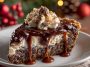 No-bake German chocolate pie with a creamy chocolate filling, coconut-pecan topping, and festive holiday garnish served on a Christmas table.