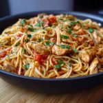 Chicken one pot spaghetti with tender pasta, juicy chicken, tomato sauce, and fresh herbs served in a skillet.