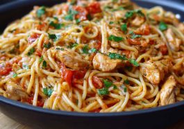 Chicken one pot spaghetti with tender pasta, juicy chicken, tomato sauce, and fresh herbs served in a skillet.